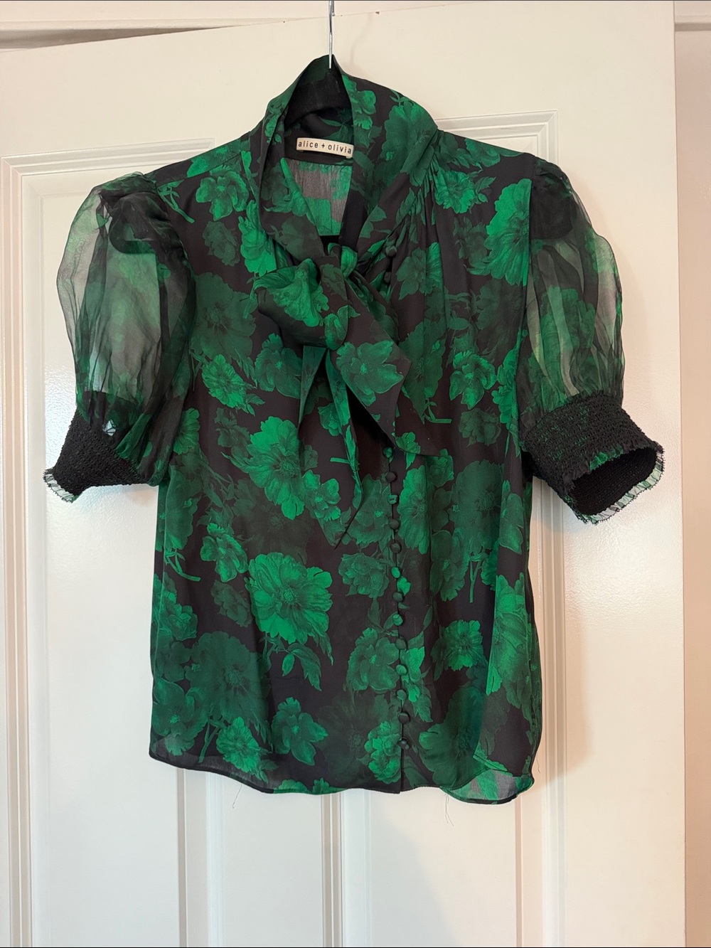 Alice + Olivia Black Blouse with Green Floral Bow Tie and Puff Sleeves